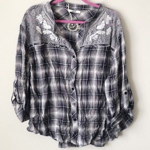 HAZEL > plaid + lace button down